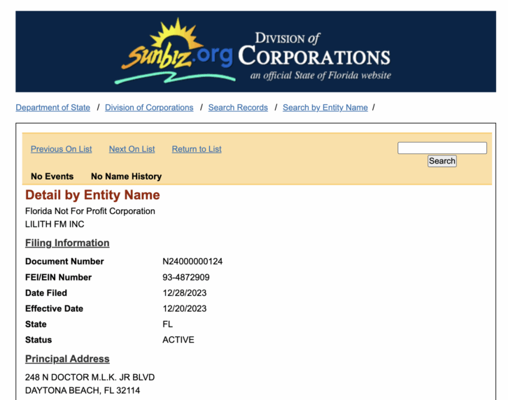 Lilith FM's filing on the Florida Division of Corporation's website